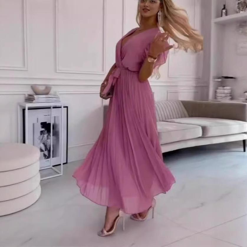 European & American Chic Beach Long Dress: Slimming Sexy Ruffle Sleeve Chiffon Pleated Skirt