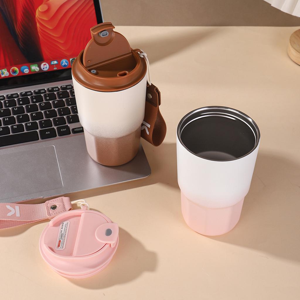 Gradual change color nine angle coffee cup stainless steel thermos cup outdoor with lifting rope double drink accompanying cup