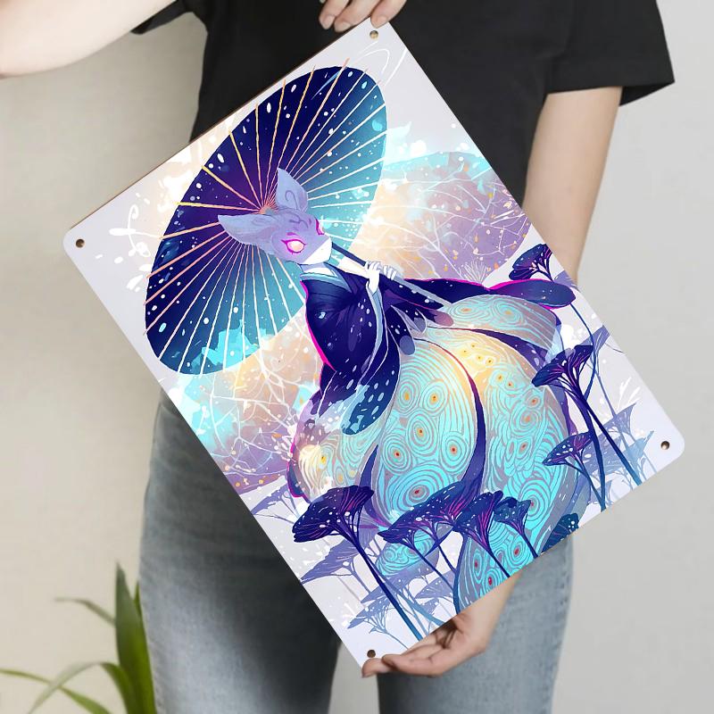 

Japanese Fox Spirit Umbrella Ancient Style Illustration Metal Iron Painting Living Room Wall Art Decor 20x30cm（7.8x11.8inch）
