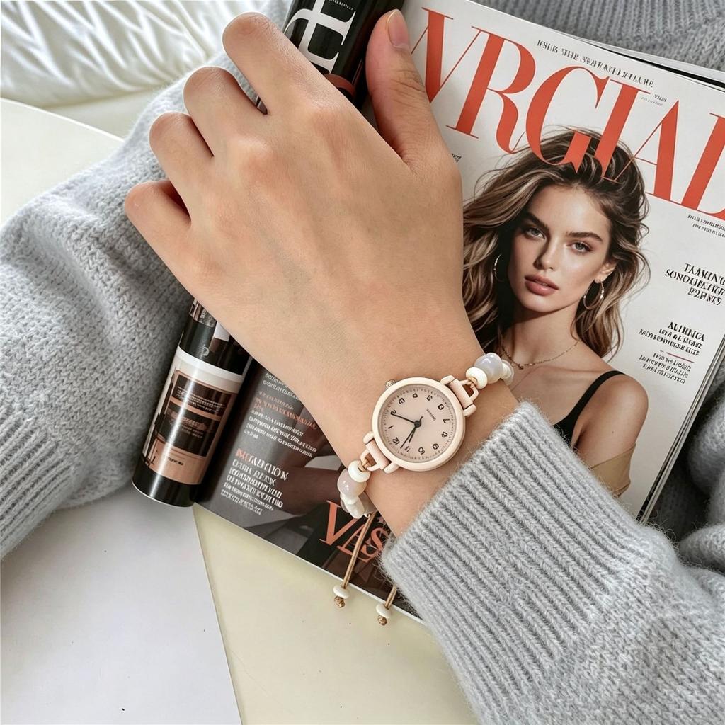Mori‑Style Leaf Star Beaded Braided Rope Bracelet Quartz Watch Adjustable Versatile Student Women Wristwatch