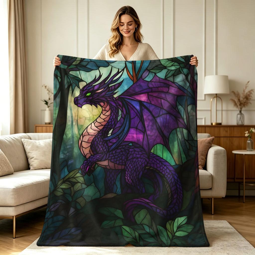 All Season Stained Glass Dragon Print Flannel Blanket Soft Warm Throw Blanket for Couch Sofa Bedroom Office Living Room Home Decorative Cozy Lightweig