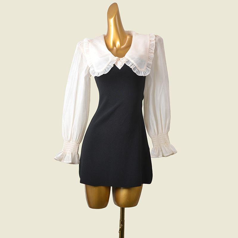 

Brand Leak-Picking Ruffled Collar Chiffon Knitting Patchwork Dress Sexy Sexy Hip Skirt Export Dress Apricot Black L(Flaw small silk)