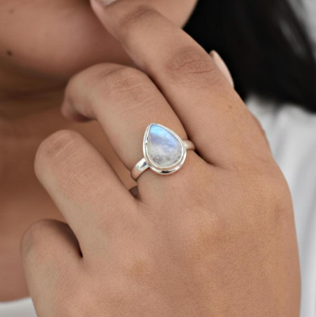Rainbow Moonstone Pear Statement Ring for Women, 925 Sterling Silver Jewelry, Handmade Minimalist Boho Ring
