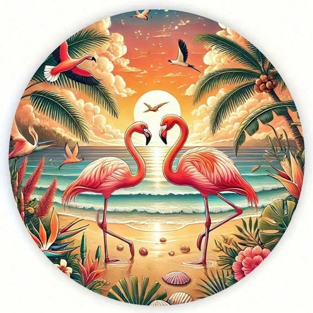 Vintage Retro 8x8 Inch Round Metal Wall Art Tropical Flamingo Sunset Tin Sign For Home Bar Cafe Kitchen Decor