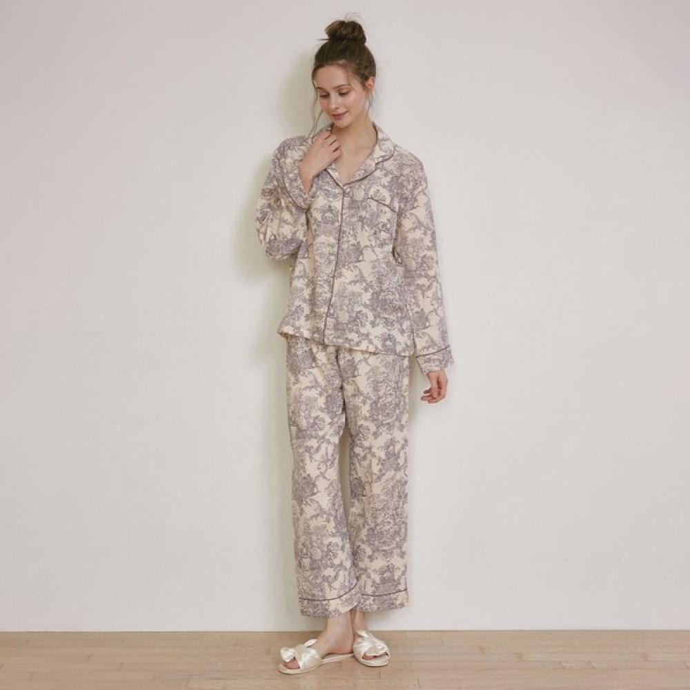 Lunaluz Women Amor Double Gauze Long Sleeve Collar Two Piece Pajama