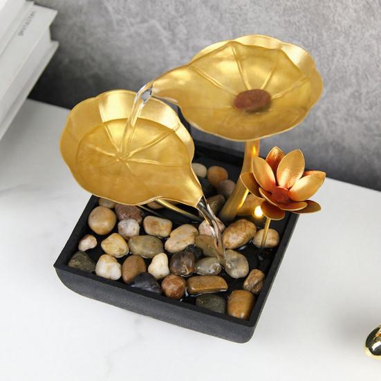Tabletop Water Fountain USB Powered Golden Lotus Desktop Decorative Waterfall Fountain with Rocks for Home Bathroom Bedroom Indoor Zen Decor
