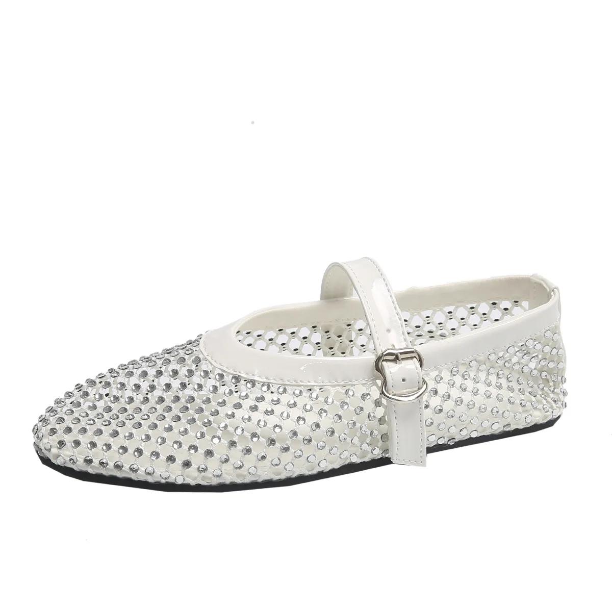 

Summer Rhinestone Mesh Hollow Sandals Plus Size 43 Women Flats Shallow 2026 New Mary Jane Shoes Comfort Luxury Female Flat Shoes 35 белый