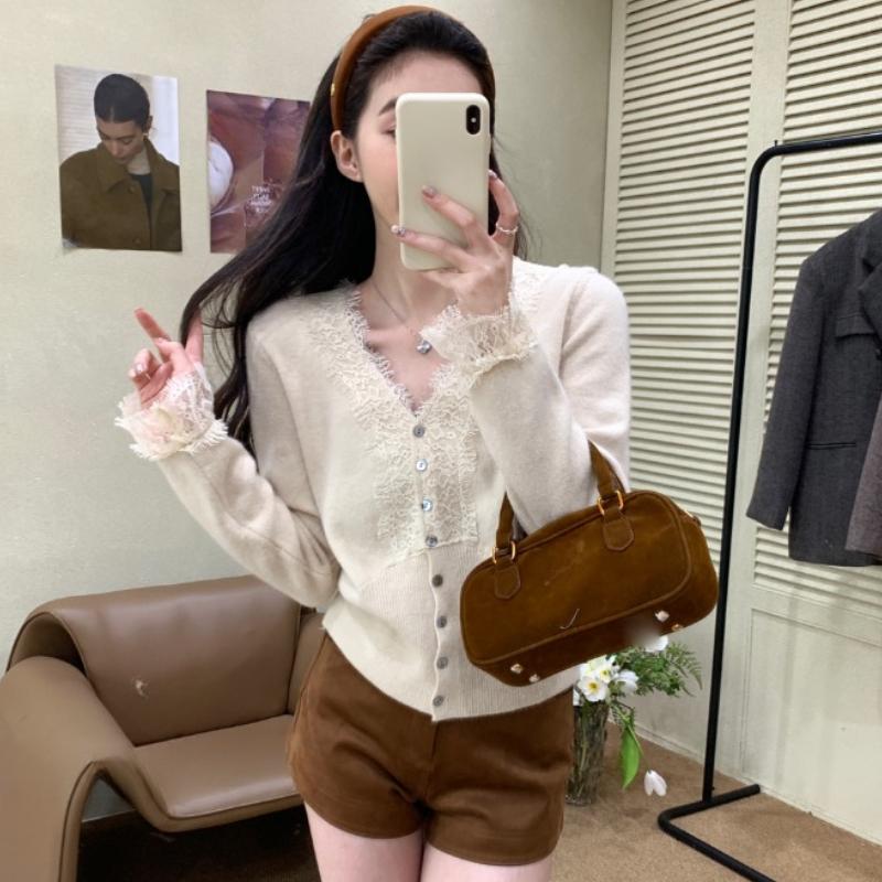 Autumn Long Sleeve Base Cardigan Jackets Women Elegant Slim Fit V-neck Knitted Women's Sweaters Coat Winter Lace Patchwork Cardigans Sweater 25854