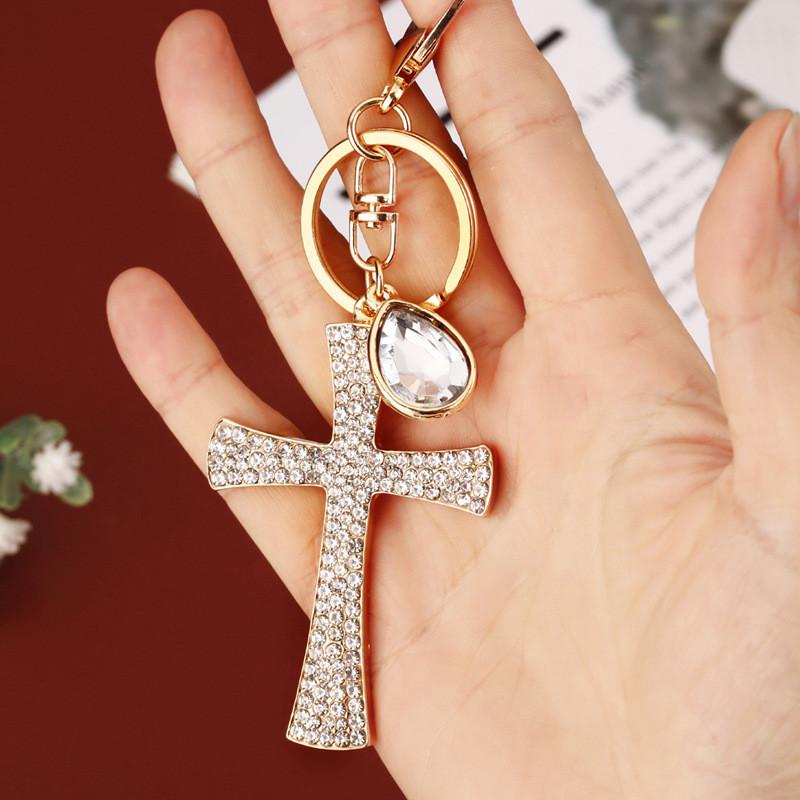 Art Modern Fashionable Rhinestone Cross Key Ring For Handbag Perfect For Gifting Celebrations And