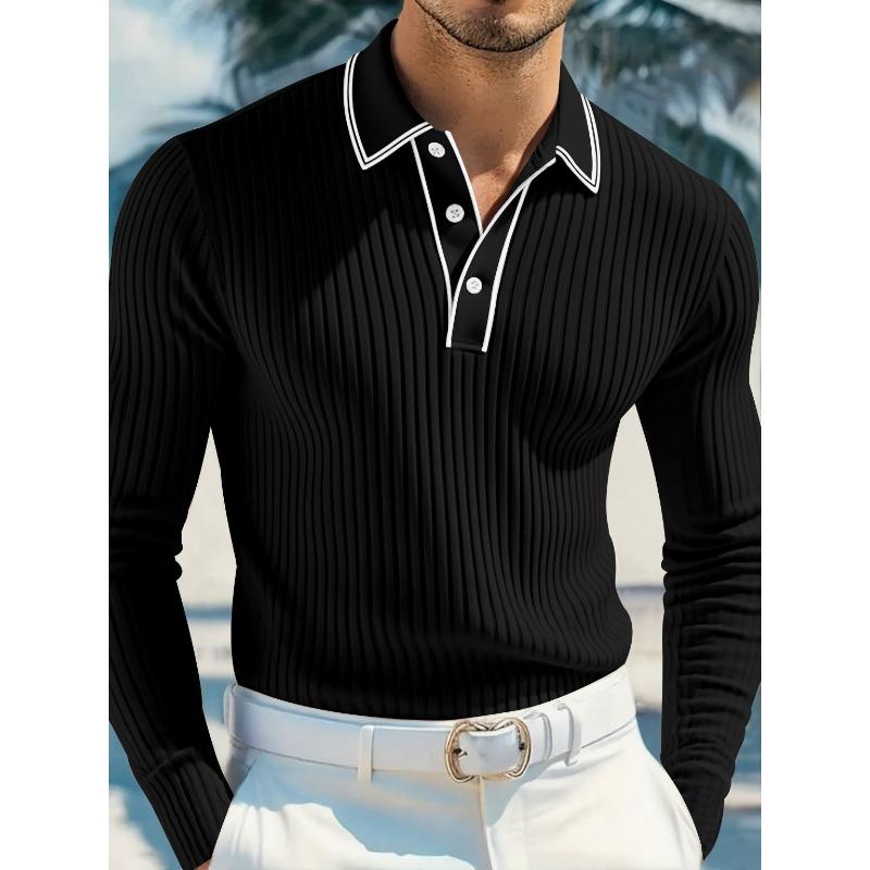 Mens Long Sleeve Striped Polo Shirt Loose Breathable Business Casual S чёрный