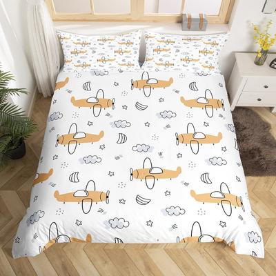 Funda de edredón con dibujos de aviones para niños, juego de ropa de cama para niños pequeños con nubes de arcoíris y cielo estrellado, bonita funda de edredón de poliéster blanco