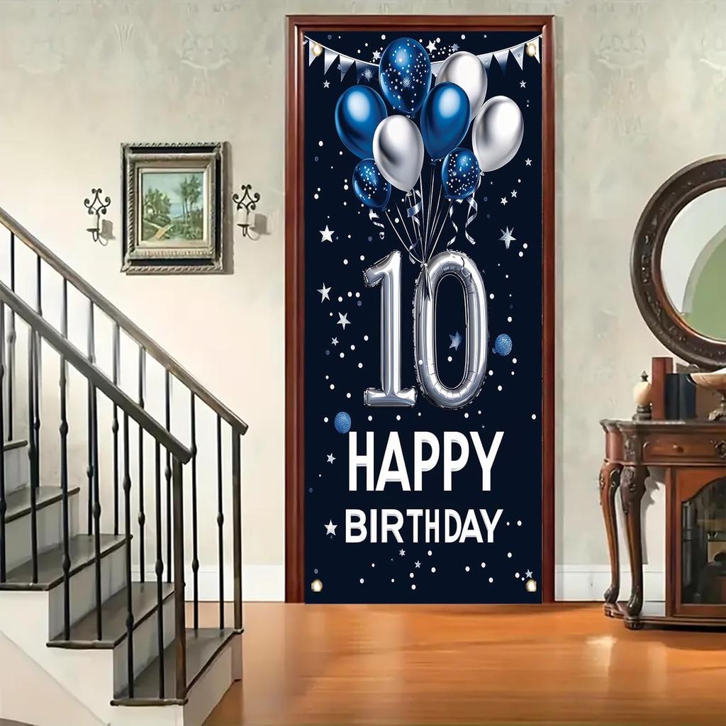 10th Birthday Door Cover Decoration 71 x 35 Inch Blue and Silver Balloon Banner for Tenth Birthday Party Supplies Happy 10 Years Old Photo Booth