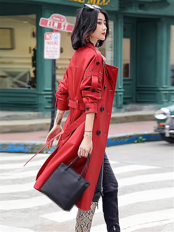 Lambskin Handmade Women Red Trench Coat Leather Genuine Long Party Stylish