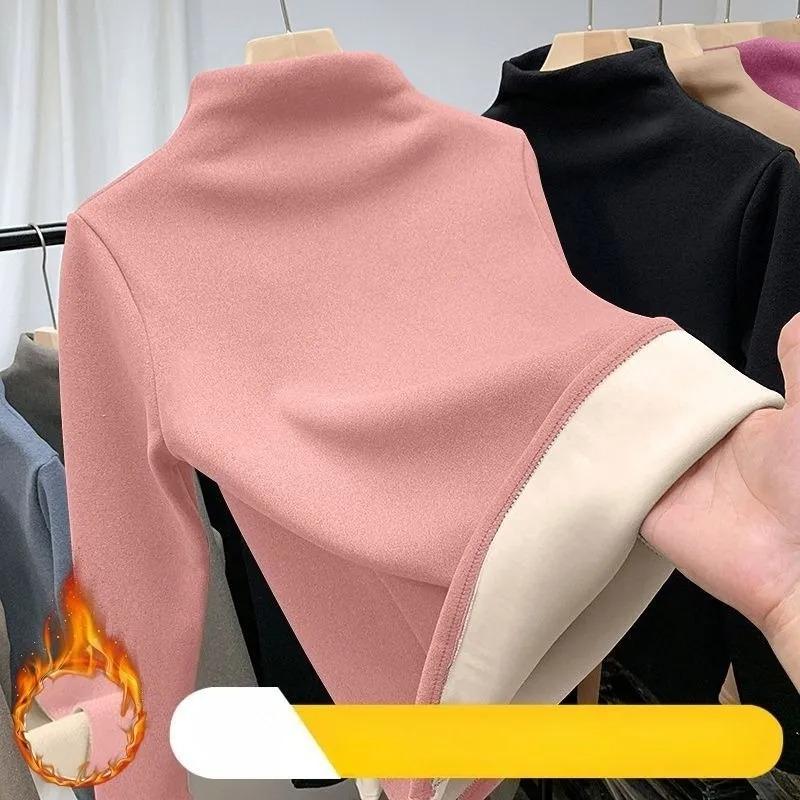 Women's Half-high Neck Cationic Thickened and Fleece-lined Base Layer T-shirt; Long-sleeved High-end Slim Fit Autumn and Warm Top