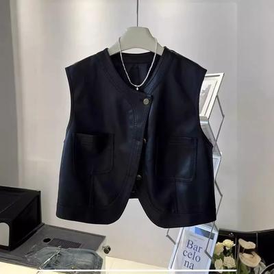Women Design Simple Commuter Patchwork Vest PU Leather Streetwear Sleeveless Button Jacket