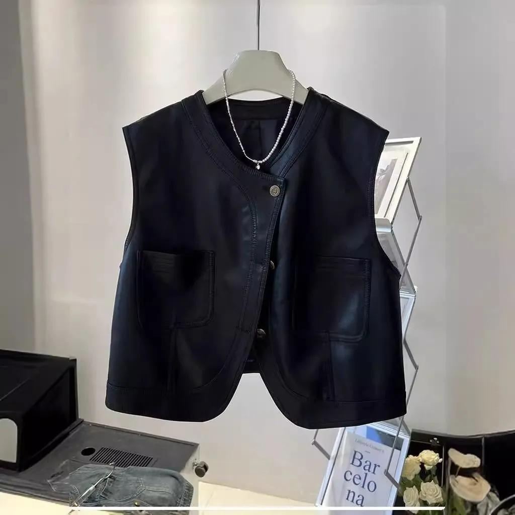 Women Design Simple Commuter Patchwork Vest PU Leather Streetwear Sleeveless Button Jacket