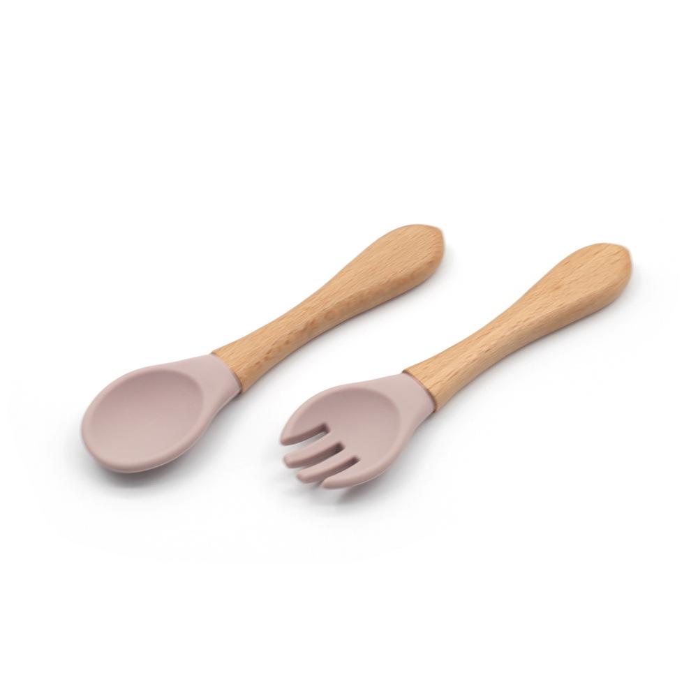 Silicone Baby & Toddler Tableware with Wooden Handle Fork & Spoon for Feeding Training