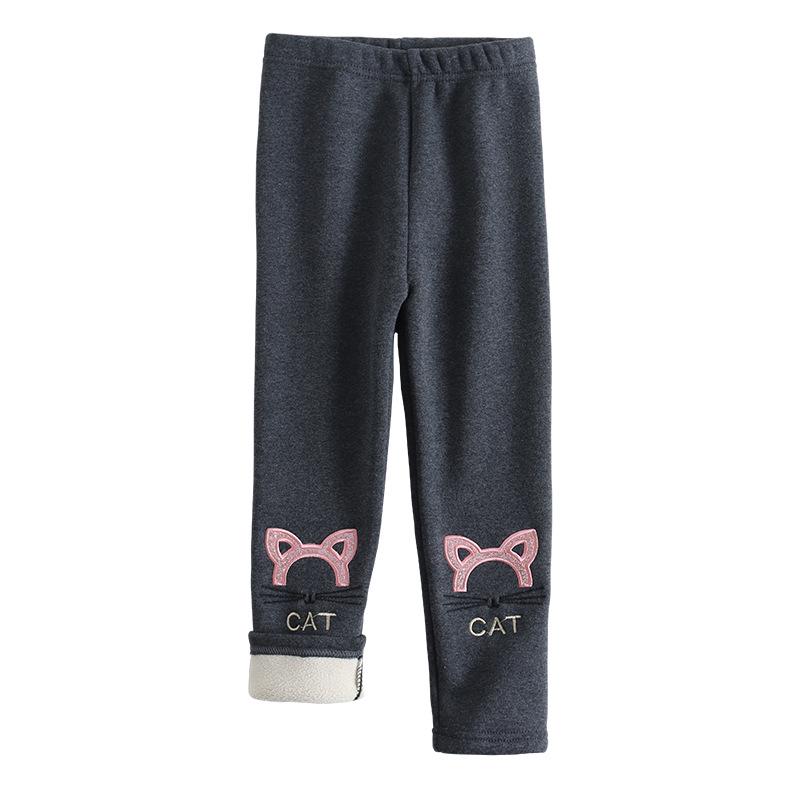 Girls' Winter Warm Velvet Embroidered Cat Base Layer Pants