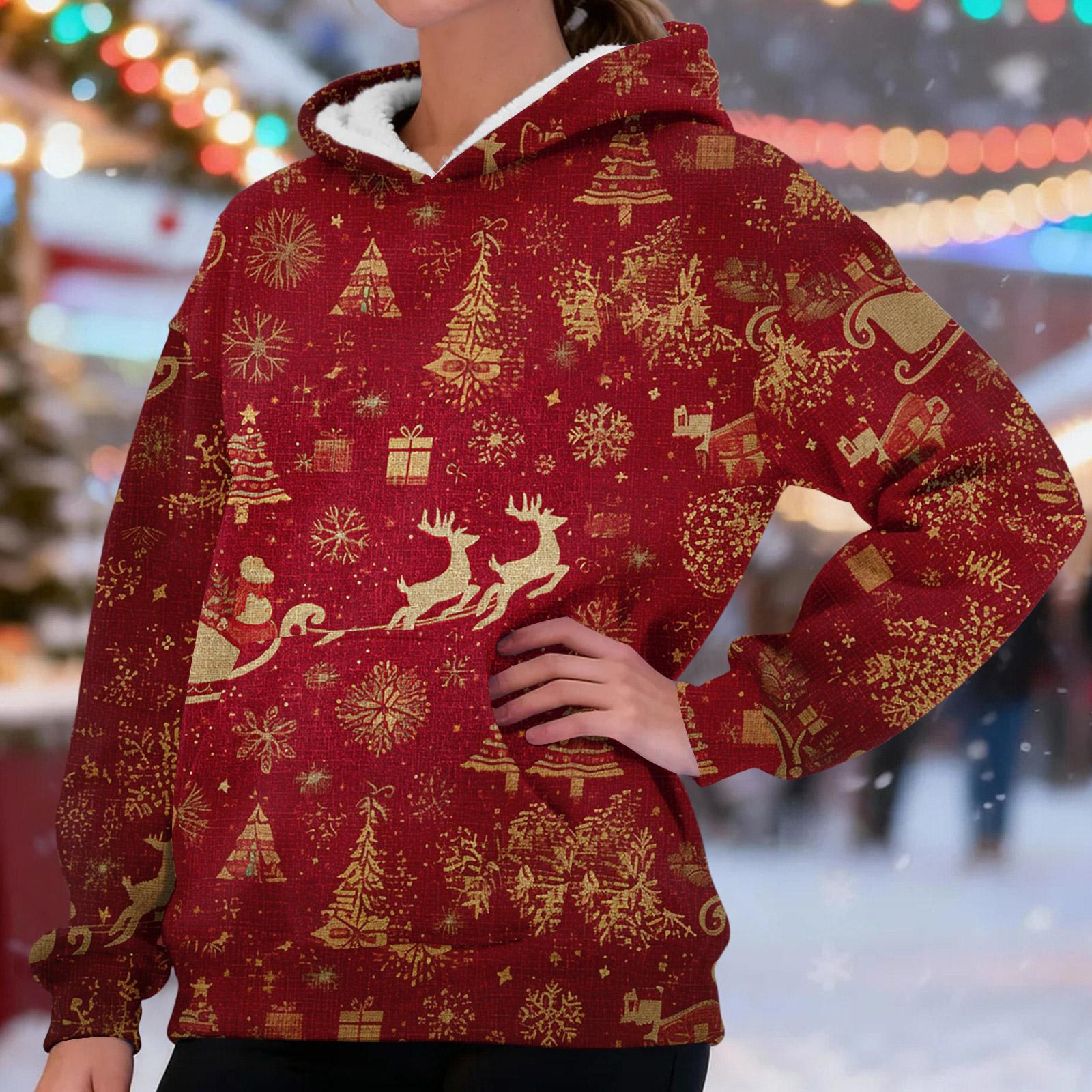

Women s Fashionable Casual Long-Sleeved Christmas Print Fleece-Lined Thick Hooded Sweatshirt XL