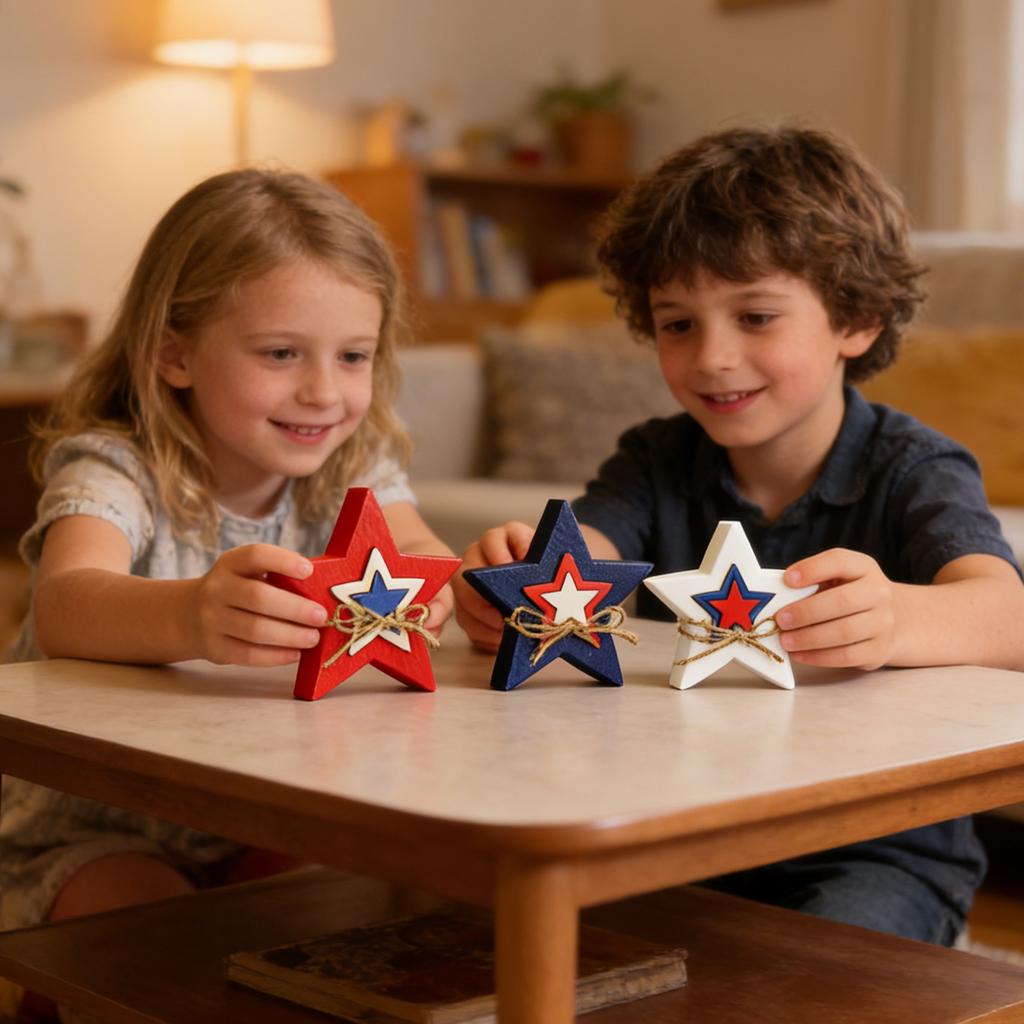 Wooden Star Decor Set Rustic Twine Bow Layered Design Freestanding Tabletop Home Ornament for Living Room Office