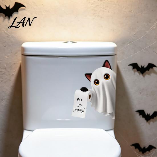 Spooky Bathroom Wall Decor Halloween Sticker, Cute Ghost Witch Cat Toilet Decal, Lifelike Art Skeleton Are You Pooping Sticker for Funny English Quote