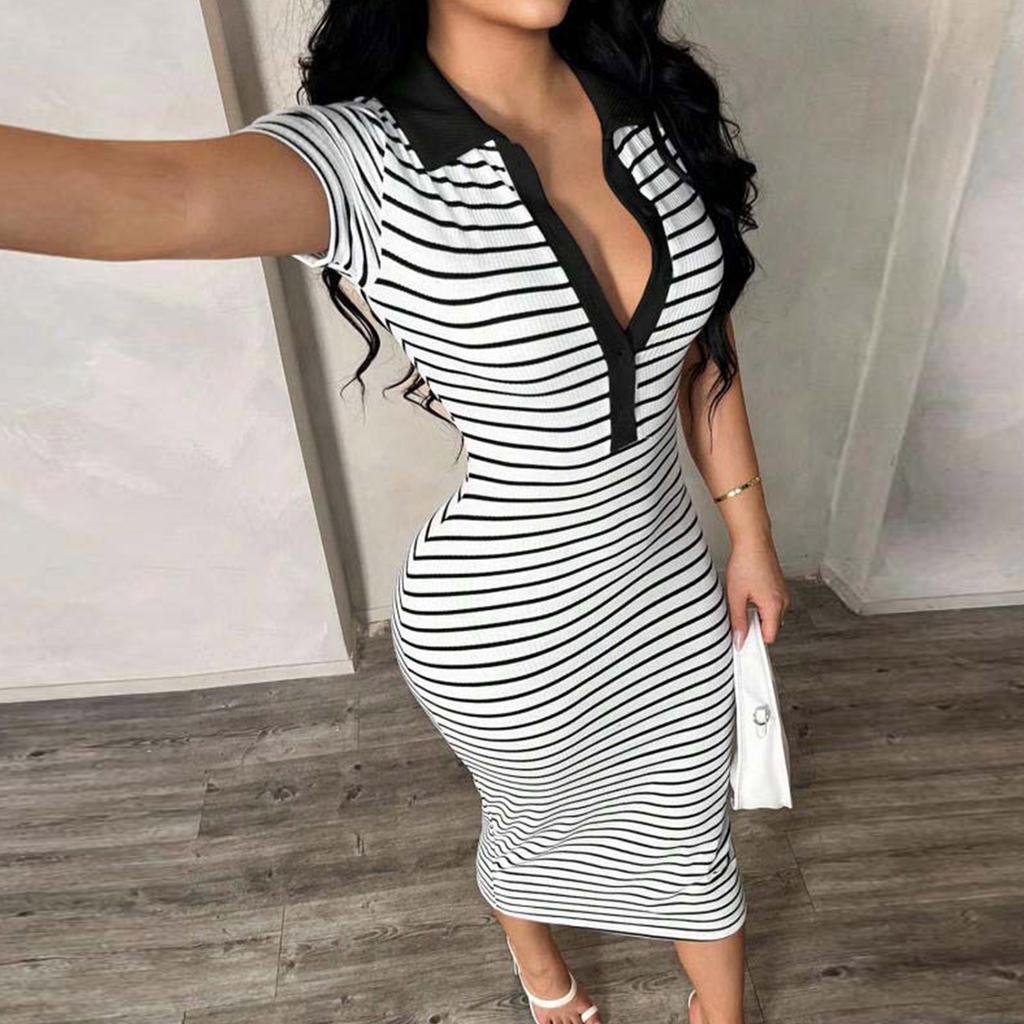 Women's New Polo Collar Striped Slim Fit Bodycon Midi Dress Short Sleeve Casual Stretch Fabric