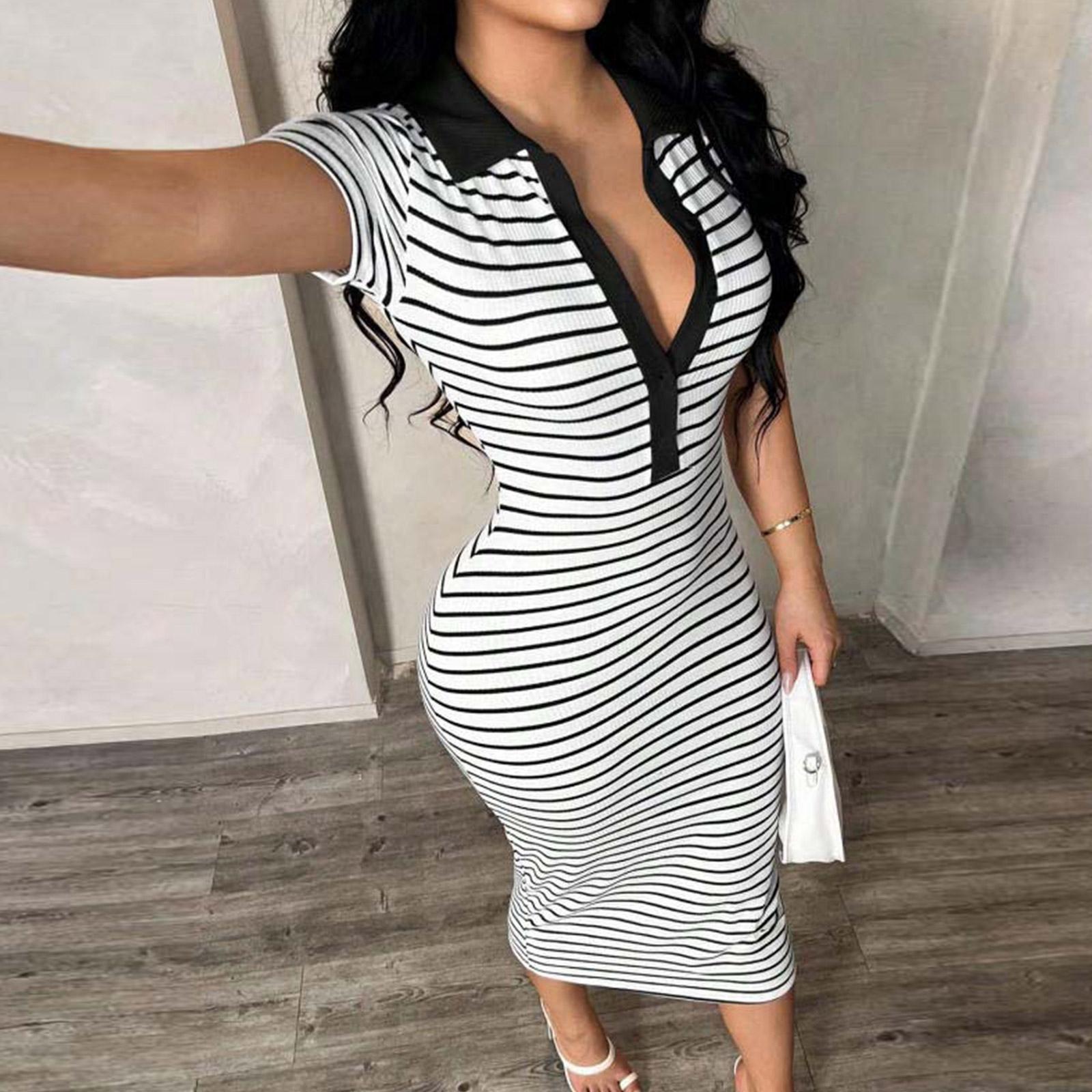 Women s New Polo Collar Striped Slim Fit Bodycon Midi Dress Short Sleeve Casual Stretch Fabric L