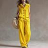 Women's Yellow Sleeveless Hooded Button Front Top Wide Leg Pants Casual Set