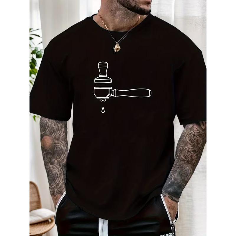 Men's Coffee Press Pattern Summer Casual Round Neck Short T-Shirt