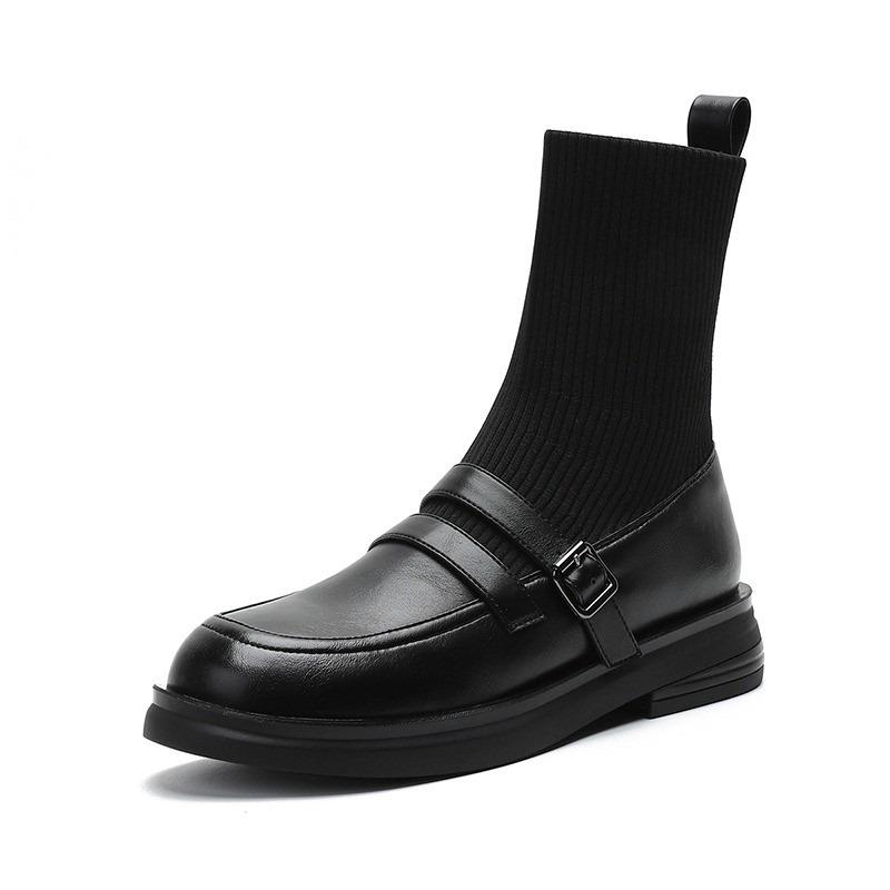 

Skinny Socks Booties Women s Fashion Autumn New Round Toe Paneled Knit Stretch British Leather Shoes 40 чорний