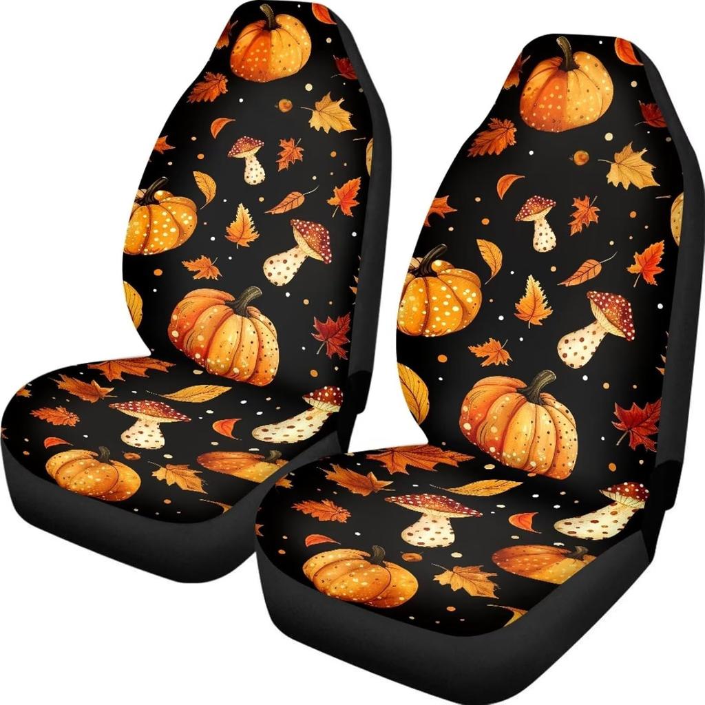 Pumpkin Mushroom Maple Leaf Front Car Seat Covers Protectors 2-Pc Set Graphic Print Auto Seat Covers For Holiday Car Decor