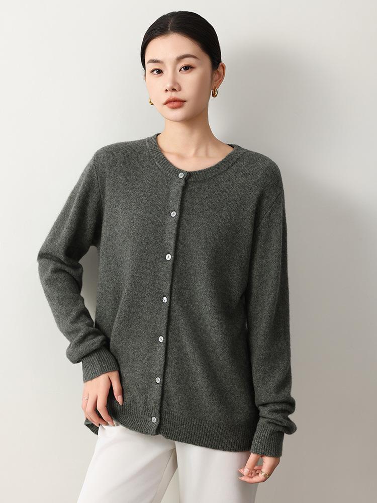 Yak Wool Women's Round Neck Cardigan - 2026 Autumn/Winter Solid Color Single-Breasted Sweater, Elegant Style