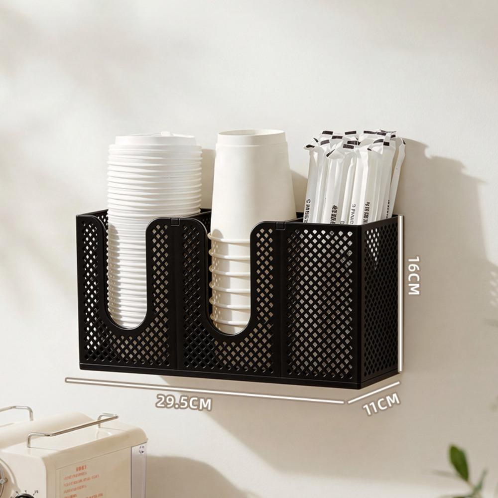 Wall Mounted Paper Cup Holder 3 Compartments Straw Organizer Coffee Cup Dispenser  Coffee Bar 1PC чёрный