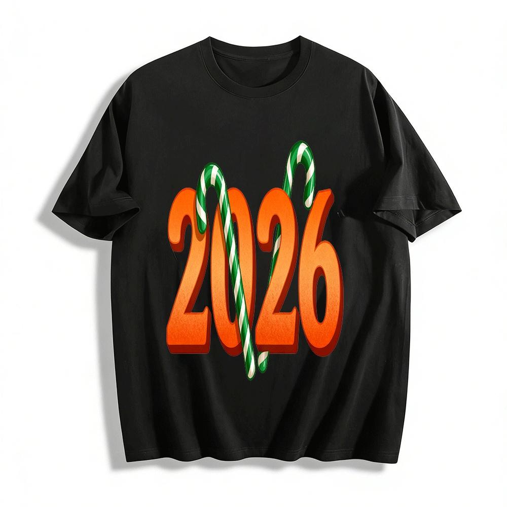 2026 New Year Candy Cane Print Casual Loose Crewneck Top Pure cotton T-shirt XXS