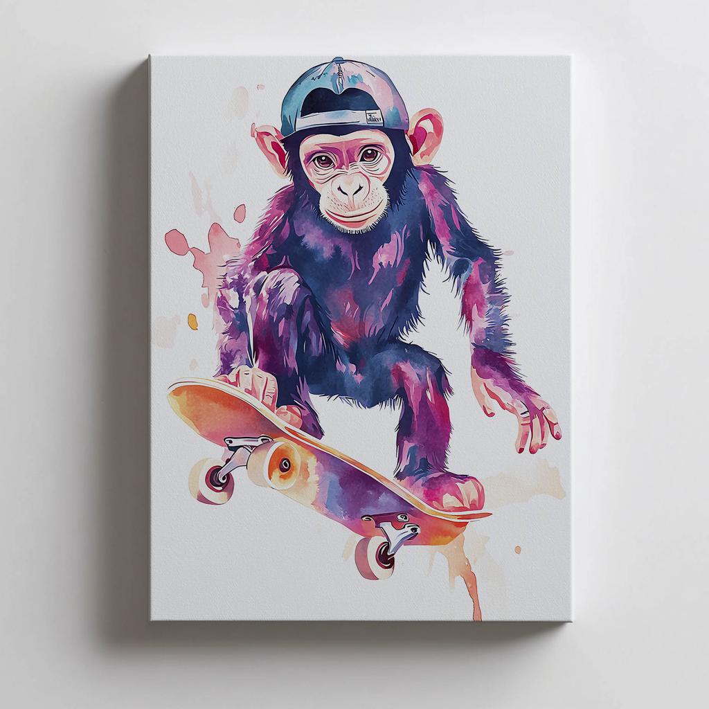 Plakat Małpi Skateboardzista Plakat Małpi Skateboardzista, 70X100 Cm, Rama Drewniana Jasny Dąb, Papier Matowy 230 Gsm