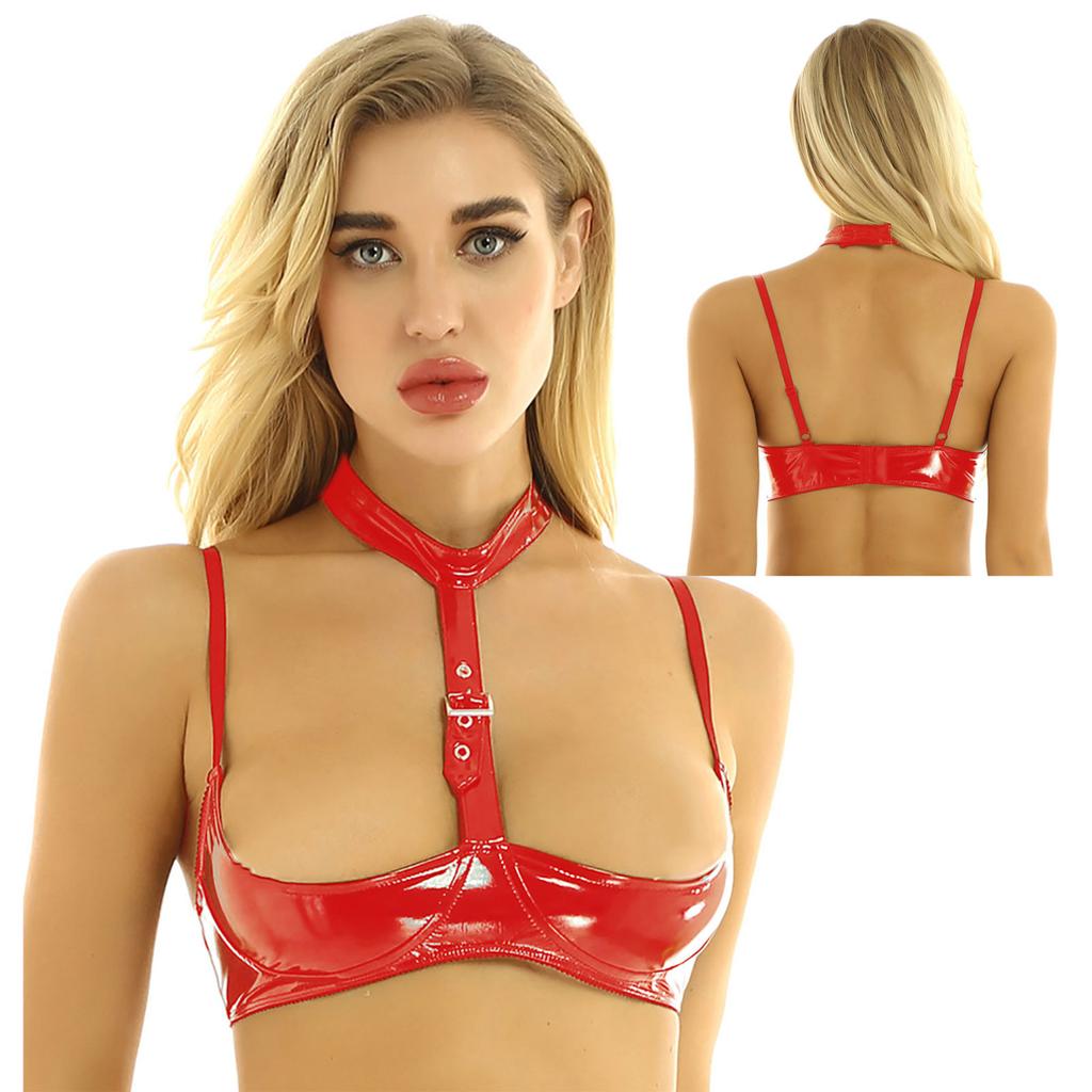 Dámské sexy podprsenky Spodní prádlo Mokrý vzhled Lakovaná kůže Spodní prádlo Bralette Halter Neck Polička Podprsenka Top
