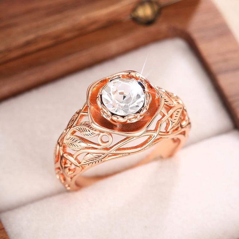 Huitan Aesthetic Rose Gold Flower Ring Female Engagement Accessories with Bright Zirconia Graceful Wedding Band Jewelry