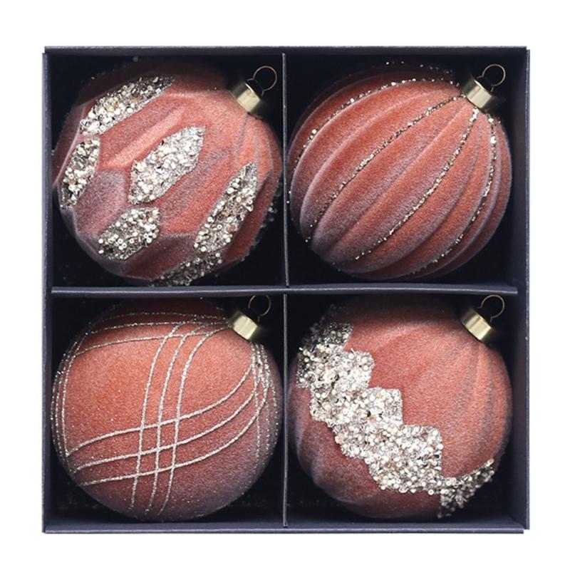 4Pcs Christmas Tree Sphere Ornament Sparkling Flocking Christmas Baubles Ornament for Tree and Home Decoration