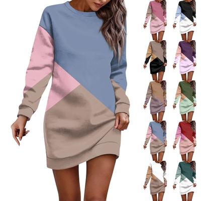 Women's Round Neck Geometric Patchwork Printed Long Sleeve Hip Dress Sweatshirt Dresses