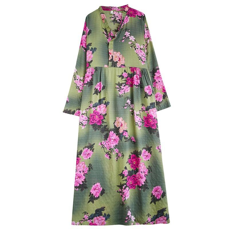 Rochie Lungă Casual Largă cu Mâneci Lungi cu Imprimeu Boho Retro din Bumbac și In pentru Femei Rochii