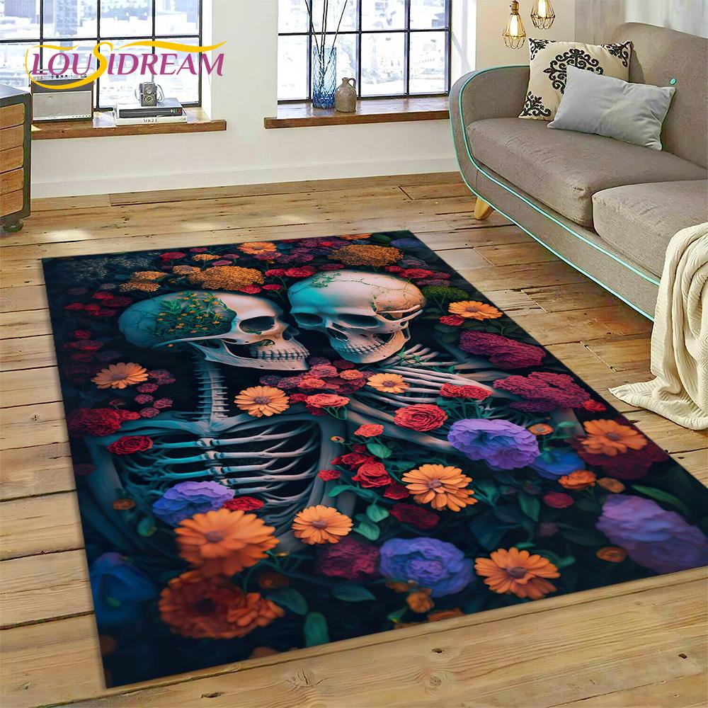 Cartoon Horrible Gothic Skull Flowers Carpet Rug for Home Living Room Bedroom Sofa Doormat Decor,Kid Area Rug Non-slip Floor Mat