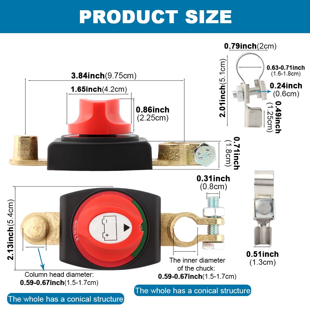 Top Post Battery Disconnect Switch, 12-24 V Battery Kill Switch Negative On/Off, 12V/300A, Heavy-Duty Top Post Batteries Switches for Cars, Vehicles,