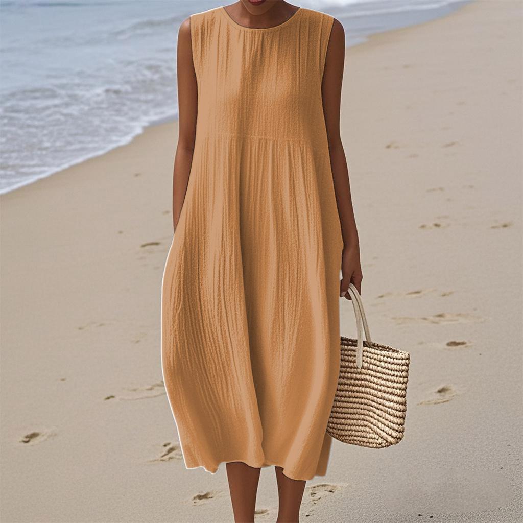 Women's Fashion Casual Sleeveless Round Neck Solid Color Elegant Temperament Dress