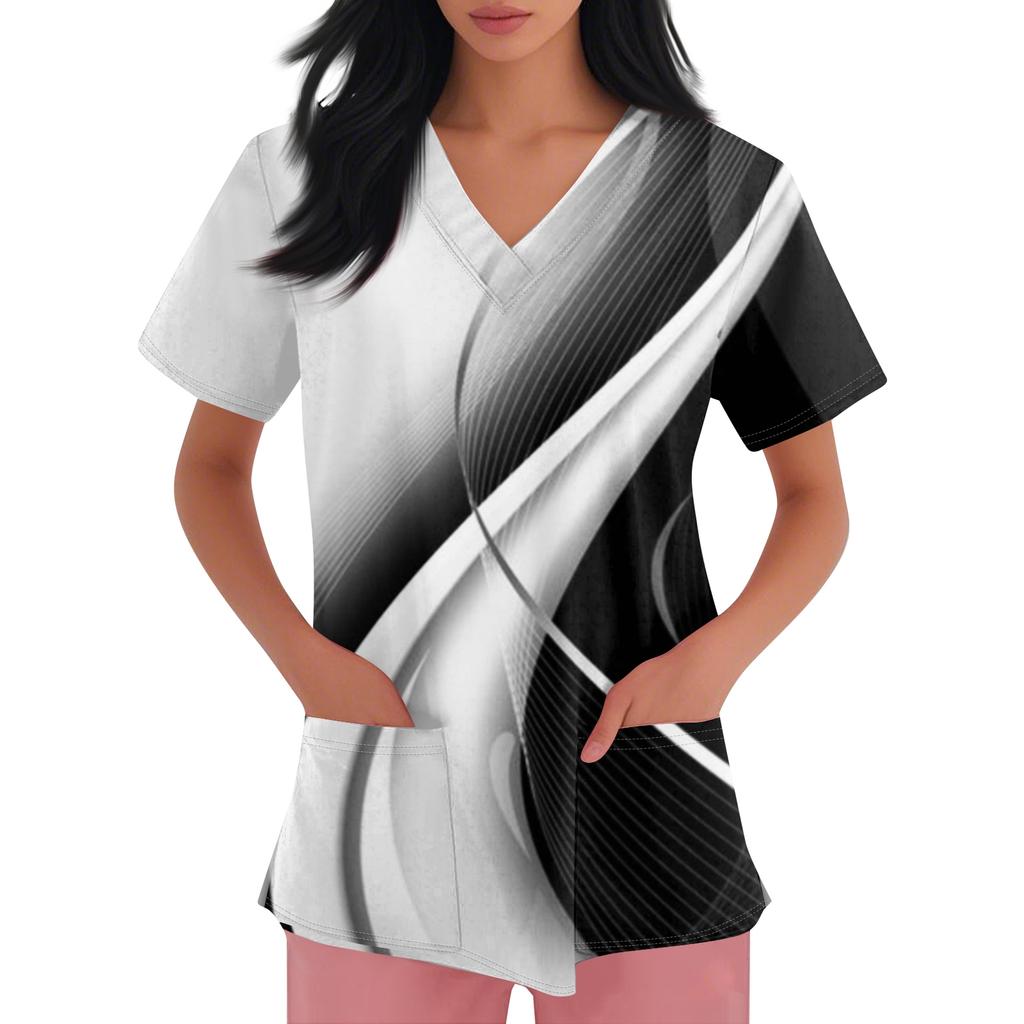 Damen V-Ausschnitt Cartoon-Print Kurzarm Tasche Seitenschlitz Schutzkleidung Oberteil