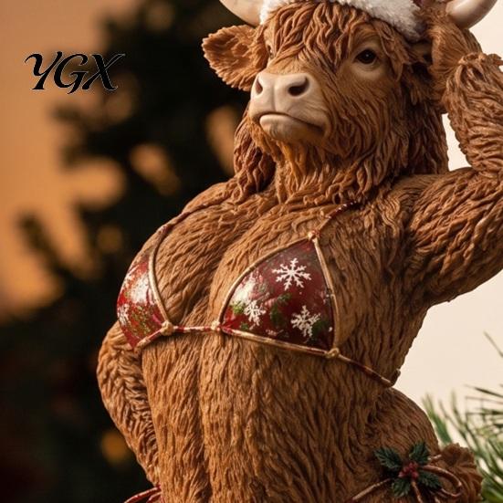 Unique Home Accents Funny Christmas Highland Cow Figurine, Sexy Statue with Santa Hat Holiday Table Decor & Xmas Bikini, Creative Desktop Tabletop
