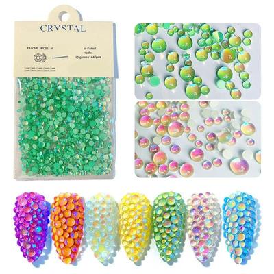 1440Pcs Flatback Beads Aurora Rhinestone for Nails Mix Size Mermaid Symphony Iridescent Gems Pearl Stones Nail Art Decorations