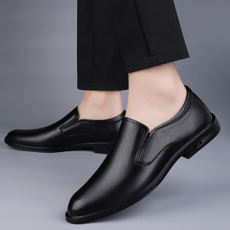 Men's Shoes Embossed Men's First Layer Cowhide Business Dress Leather Shoes Round Head Casual Shoes Spring Foot Lazy Shoes