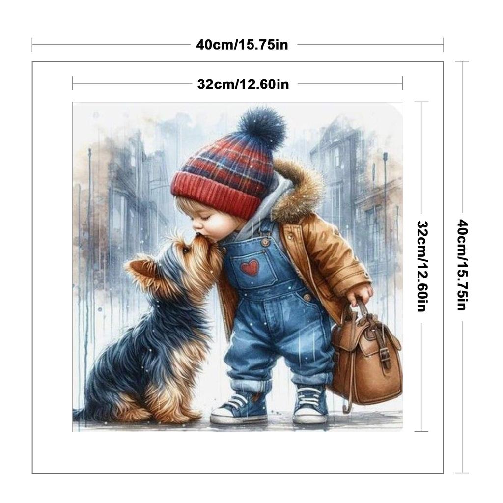 Boy with Puppy Full 11CT 3 Strands DIY Counted Cross Stitch Kits 15.75x15.75inch Needlework Embroidery Kit for Adults Home Decor