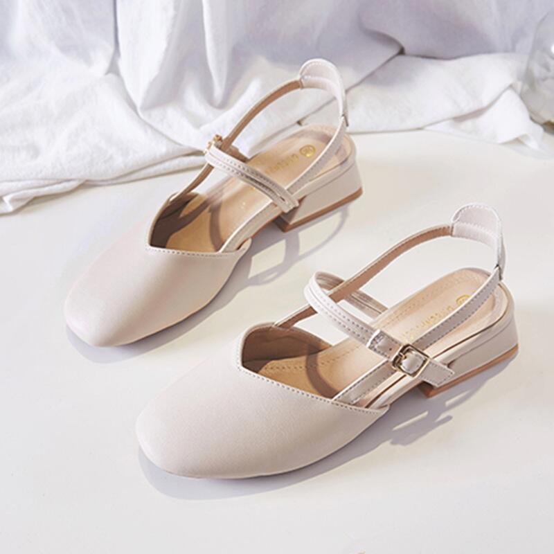 2025 New Women's Mid-heeled Sandals Square Head Buckle Thick Heel Korean Version Women's Sandals Hollow Women's Shoes