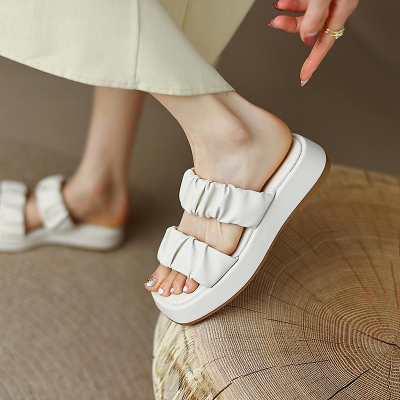 Genuine Leather Open Toe Outside Slides Women Sandals Flats Square Heel Concise Women Shoes Fashion Women Platform Shoes